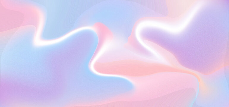 Holographic pastel gradient background, dreamy iridescent liquid texture with soft pink and blue swirls, ethereal abstract mesh for modern web design