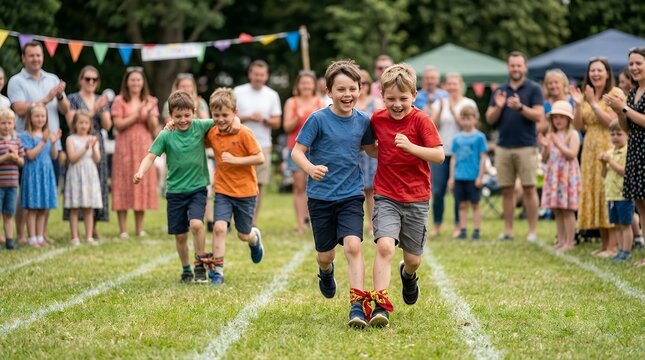 Happy children competing in three legged race at outdoor summer community festival event.
