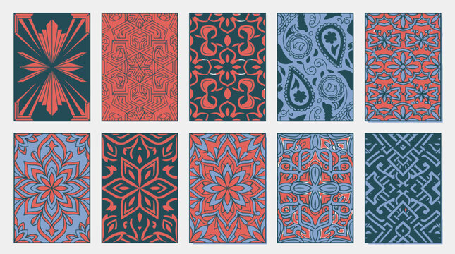 Eine Sammlung von zehn verschiedenen nahtlosen Mustern mit floralen Ornamenten, geometrischen Formen und Paisley-Motiven in einer eleganten Farbpalette aus Blau, Dunkelgrau und Korallenrot.