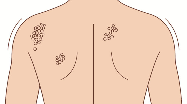 Ilustraci&oacute;n m&eacute;dica de la espalda humana mostrando erupciones cut&aacute;neas, p&aacute;pulas o lesiones dermatol&oacute;gicas agrupadas en la piel, ideal para educaci&oacute;n sobre salud y dermatolog&iacute;a.