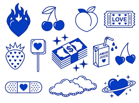 Blue Y2K Aesthetic Icon Set featuring Flaming Heart, Money, and Fruit Stickers