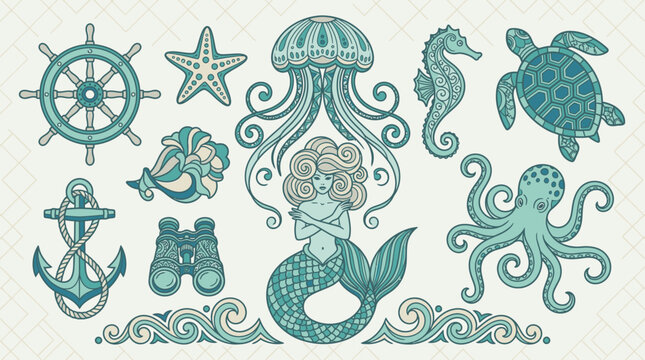 Set von nautischen und maritimen Illustrationen mit einer Meerjungfrau, Quallen, Schildkr&ouml;te, Oktopus, Anker und Steuerrad im dekorativen Vintage-Stil auf einem hellen Hintergrund.