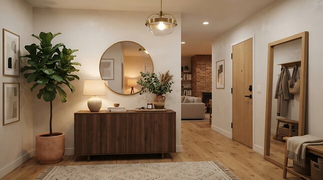 Modern minimalist entryway interior with wooden furniture and decor
