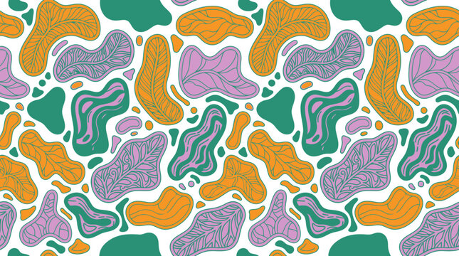 Nahtloses Muster mit abstrakten organischen Formen in einer modernen Farbpalette aus Gr&uuml;n, Gelb und Violett auf wei&szlig;em Hintergrund f&uuml;r kreative Designprojekte