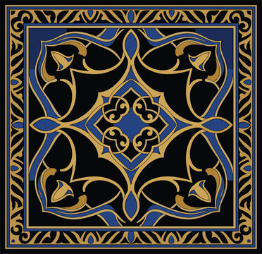 Luxury Islamic arabesque square tile vector design featuring elegant gold and blue floral ornaments, traditional gothic mandala, and ornate borders