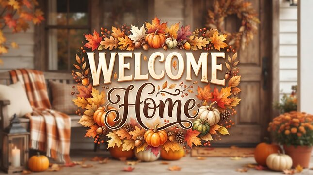 Autumn welcome home sign with pumpkins and fall leaves