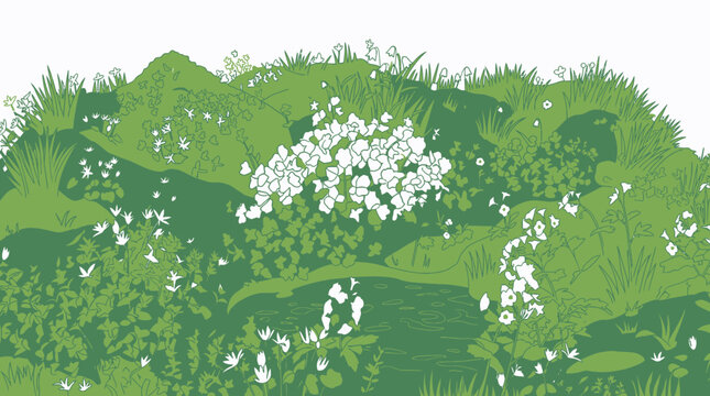 Ilustraci&oacute;n vectorial de un prado verde con flores blancas silvestres y hierba fresca, dise&ntilde;o plano decorativo con estilo org&aacute;nico y natural para fondos de primavera o verano.