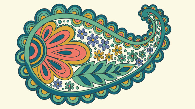 Ein dekoratives Paisley-Muster im Vintage-Stil mit floralen Elementen, bunten Bl&uuml;ten und Bl&auml;ttern in einer harmonischen Farbpalette auf einem hellen Hintergrund.