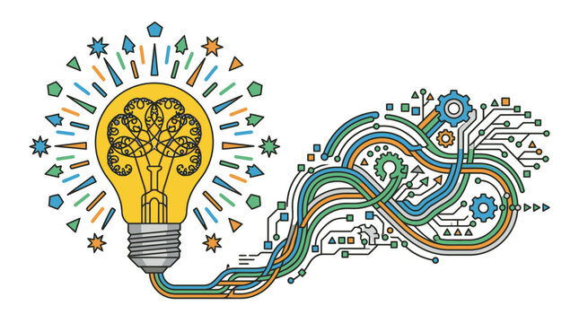 Ilustra&ccedil;&atilde;o vetorial de uma l&acirc;mpada acesa conectada a um circuito eletr&ocirc;nico complexo com engrenagens e linhas de conex&atilde;o, representando criatividade, tecnologia e inova&ccedil;&atilde;o em design plano.