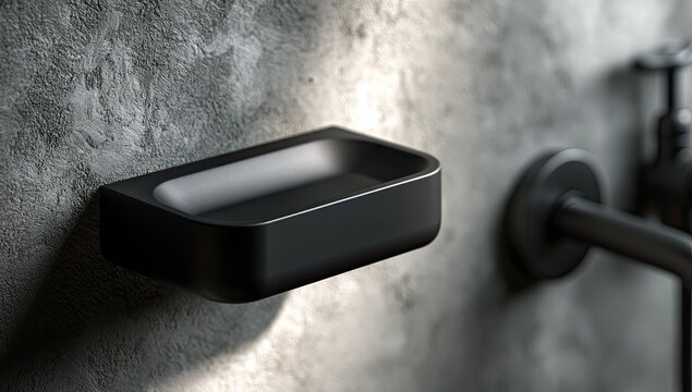 Modern minimalist black soap dish on textured concrete wall