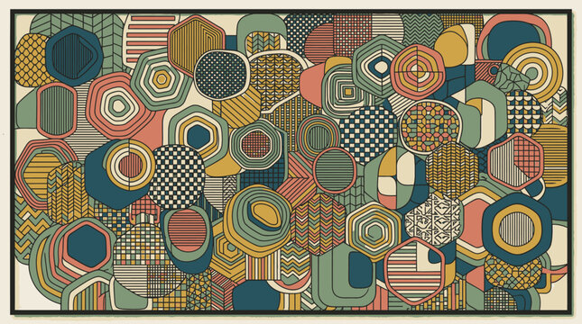 Padr&atilde;o abstrato moderno com formas geom&eacute;tricas hexagonais sobrepostas em tons terrosos, apresentando texturas variadas, linhas e padr&otilde;es xadrez em um design art&iacute;stico contempor&acirc;neo.
