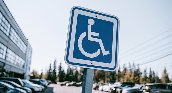 Blue and white accessible parking symbol sign mounted on pole