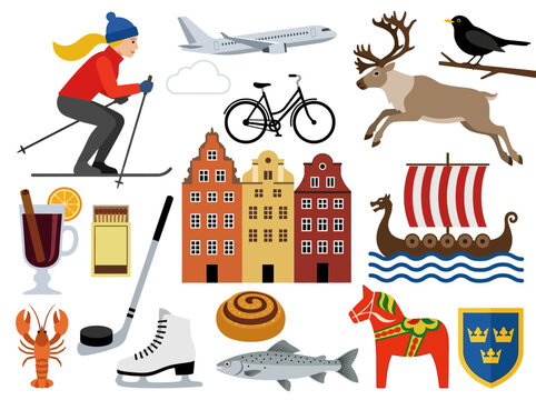 Scandinavian Culture and Sweden Travel Icons Flat Vector Set