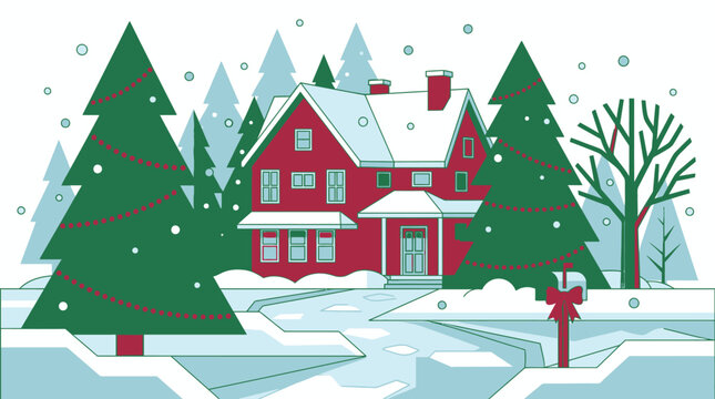 Ilustra&ccedil;&atilde;o vetorial de uma casa vermelha aconchegante cercada por pinheiros cobertos de neve em uma paisagem de inverno festiva, ideal para cart&otilde;es de Natal e decora&ccedil;&otilde;es sazonais.