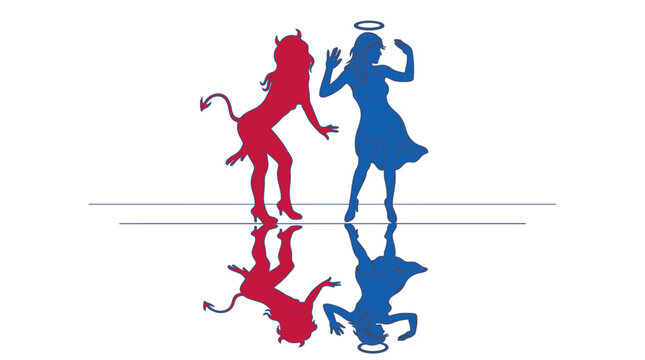 Silhuetas contrastantes de uma mulher como anjo azul com aur&eacute;ola e uma mulher como diabo vermelho com chifres e cauda, refletidas em uma superf&iacute;cie branca isolada.
