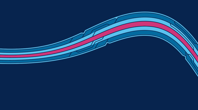 Dise&ntilde;o gr&aacute;fico abstracto con una l&iacute;nea curva din&aacute;mica de color rosa y azul sobre un fondo azul oscuro, ideal para fondos tecnol&oacute;gicos modernos y presentaciones creativas.