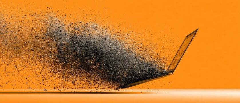 A laptop exploding into a cloud of black dust against an orange background