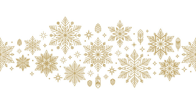 Nahtlose Bord&uuml;re mit eleganten goldenen Schneeflocken und funkelnden Sternen auf wei&szlig;em Hintergrund f&uuml;r weihnachtliche Dekorationen und festliche Designs