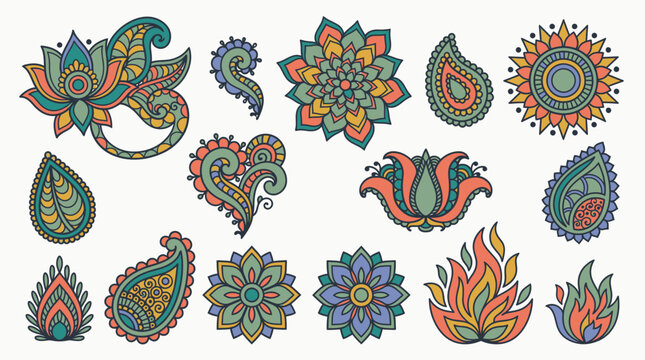 Conjunto de elementos decorativos estilo mandala e paisley com padr&otilde;es florais coloridos e formas ornamentais intrincadas isolados em fundo branco para design gr&aacute;fico