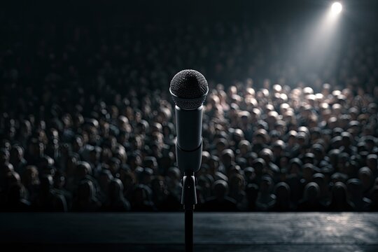 A lone microphone on stage, illuminated by a spotlight, before a blurred, seated audience
