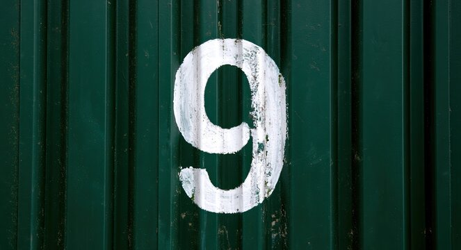 White numeral nine painted on a dark green corrugated metal surface