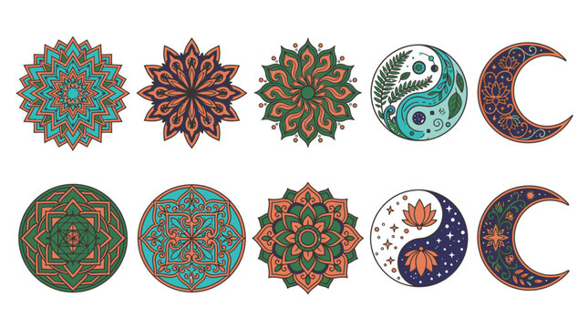Colecci&oacute;n de diez elementos decorativos estilo mandala, s&iacute;mbolos de yin yang y lunas crecientes con detalles florales intrincados en tonos azul, verde y terracota sobre fondo blanco.