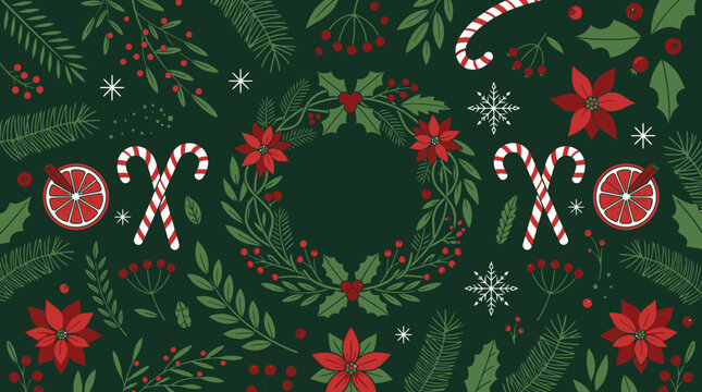 Festliches Weihnachtsmuster mit einem zentralen Kranz, umgeben von Stechpalmen, roten Beeren, Zuckerstangen, Poinsettien und Tannenzweigen auf einem dunkelgr&uuml;nen Hintergrund, ideal f&uuml;r