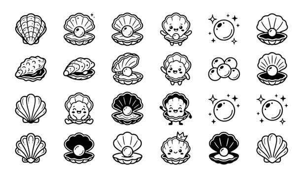 Cute Oyster and Pearl Black and White Icon Collection