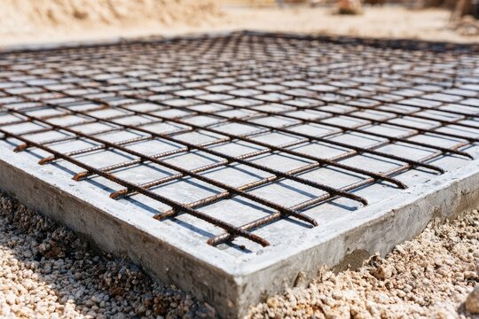 Steel mesh reinforcement embedded within a concrete slab foundation
