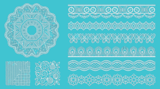 Conjunto de elementos decorativos de encaje blanco sobre fondo azul turquesa, incluyendo bordes ornamentales, patrones florales circulares y texturas de malla para dise&ntilde;o gr&aacute;fico.