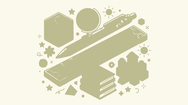 Ilustraci&oacute;n vectorial plana de estilo isom&eacute;trico que muestra &uacute;tiles escolares, libros, un globo terr&aacute;queo y una regla sobre un fondo de color s&oacute;lido suave para dise&ntilde;o educativo.