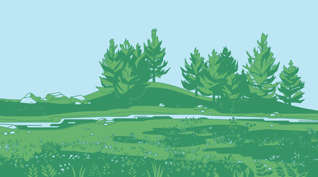 Eine stilisierte Landschaftsillustration zeigt eine gr&uuml;ne Wiese, einen flie&szlig;enden Bach und einen bewaldeten H&uuml;gel unter einem klaren blauen Himmel.