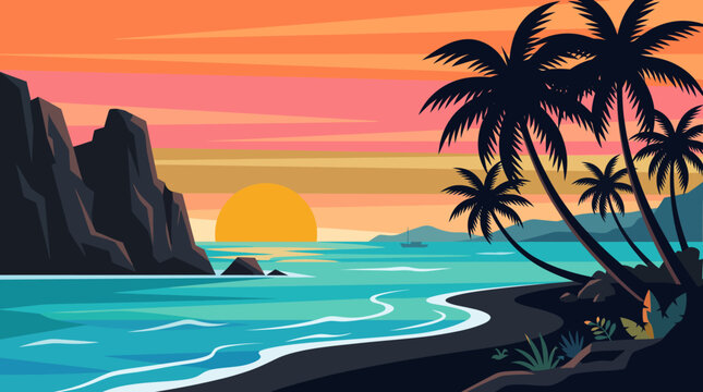 Minimalist flat beach landscape background with tropical palm trees cliffs and sunset banner