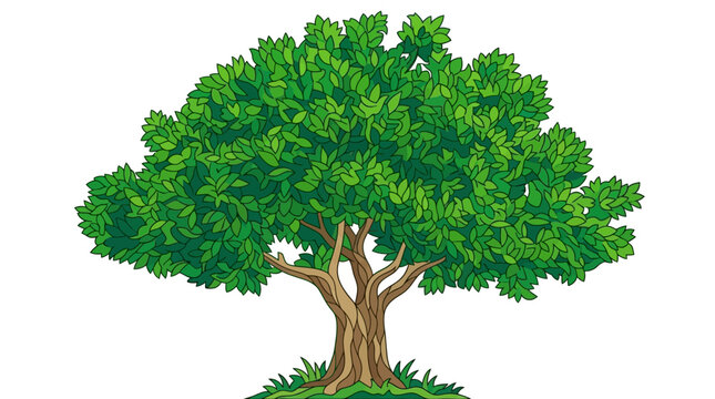 Ein lebendiger, illustrierter Baum mit &uuml;ppigem gr&uuml;nem Bl&auml;tterdach und robustem braunem Stamm, der auf einem kleinen Grasfleck steht und sich perfekt f&uuml;r umweltfreundliche Designs eignet.