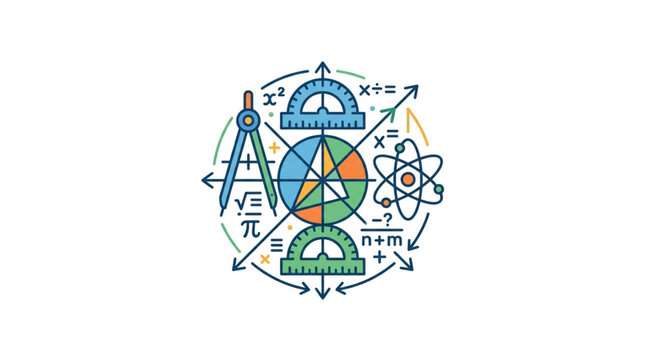 Colorful Science and Mathematics Symbols Illustration.