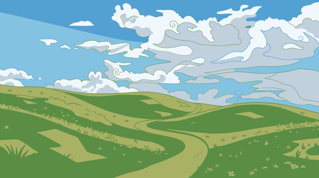 Ilustraci&oacute;n vectorial de un paisaje de colinas verdes onduladas bajo un cielo azul con nubes estilizadas en un estilo art&iacute;stico plano y decorativo