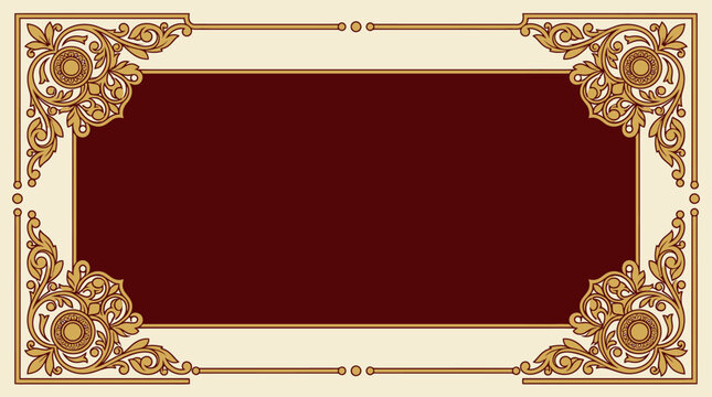 Marco rectangular elegante con adornos florales dorados y detalles ornamentales de estilo barroco sobre un fondo de color rojo oscuro y crema para invitaciones y diplomas