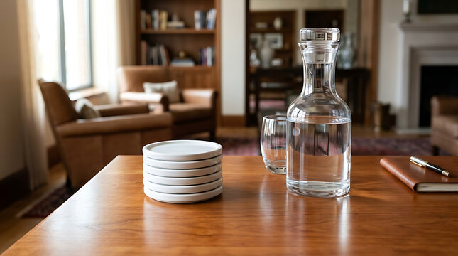 Stack of White Ceramic Coasters Next to Water Carafe and Glass on Wooden Table