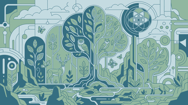 Ilustraci&oacute;n vectorial de estilo plano con un bosque encantado, &aacute;rboles estilizados, animales del bosque como ciervos, b&uacute;hos y zorros, integrados en un dise&ntilde;o geom&eacute;trico y natural en tonos verdes.