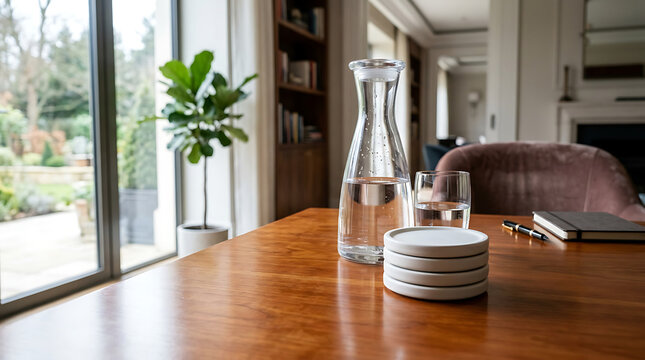 Stack of white ceramic coasters on a wooden table next to a glass carafe of water and a drinking glass