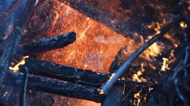 Cinematic close-up shot of a burning bonfire with intense orange flames devouring charred wooden logs. Perfect for camping themes, cozy autumn vibes, or powerful elemental fire footage.