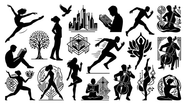 Siluetas de personas realizando diversas actividades como bailar, correr, leer, meditar y tocar m&uacute;sica, junto a elementos abstractos y arquitect&oacute;nicos.
