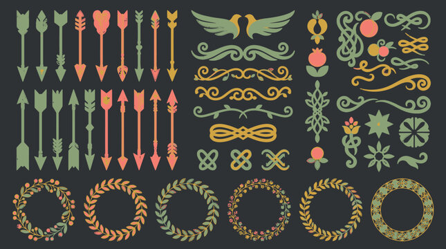 Set di elementi decorativi vintage con frecce stilizzate, bordi ornamentali, ghirlande floreali e motivi geometrici su sfondo scuro per design grafico e progetti creativi