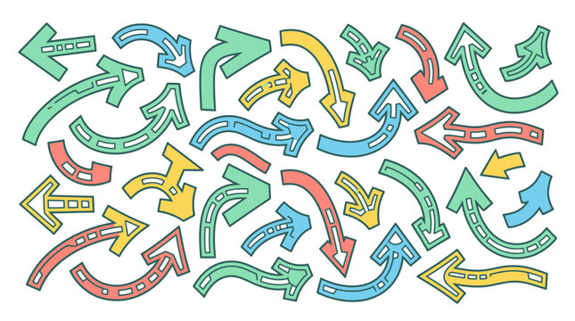 Set di frecce colorate disegnate a mano con stili curvi e direzionali, icone grafiche vettoriali isolate su sfondo bianco ideali per design creativo, infografiche e presentazioni aziendali.