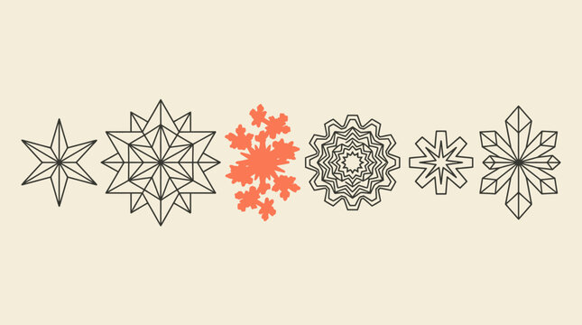 Una collezione di icone stilizzate a forma di fiocco di neve e motivi geometrici astratti disposti in fila su uno sfondo color crema, ideale per design invernali e natalizi.