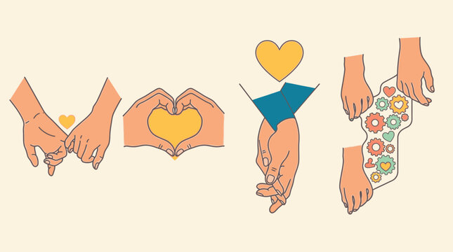 Set di illustrazioni vettoriali piatte che mostrano mani umane che interagiscono in gesti simbolici di amore, connessione, collaborazione e meccanismi di ingranaggi su sfondo crema