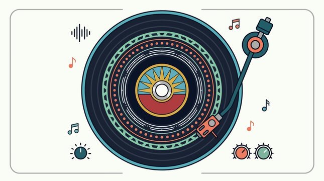 Stylowa ilustracja wektorowa gramofonu z płytą winylową, ozdobiona nutami muzycznymi i elementami retro, idealna do projekt&oacute;w związanych z muzyką, DJ-em i kulturą audio.