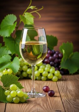 A crisp glass of white wine with a subtle green tint stands on a rustic wooden table, surrounded by fresh grapes and lush vineyard leaves, stemware, leaf, summer
