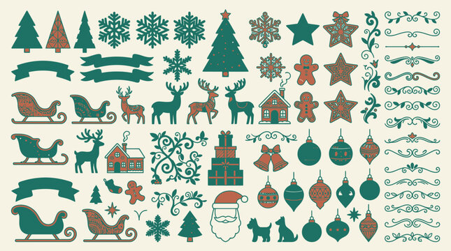 Set di icone e decorazioni natalizie vintage con alberi, renne, fiocchi di neve, slitte e ornamenti festivi in stile grafico piatto su sfondo crema per design stagionali.