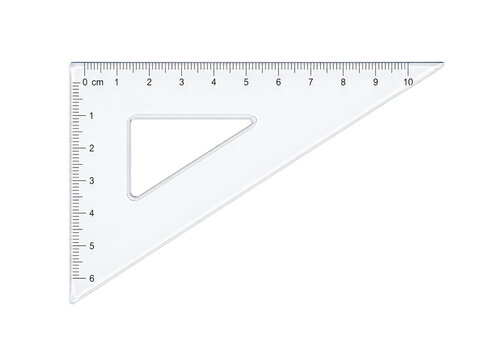 Transparent plastic set square ruler. Clear triangle tool for geometry. Drafting and design supply.